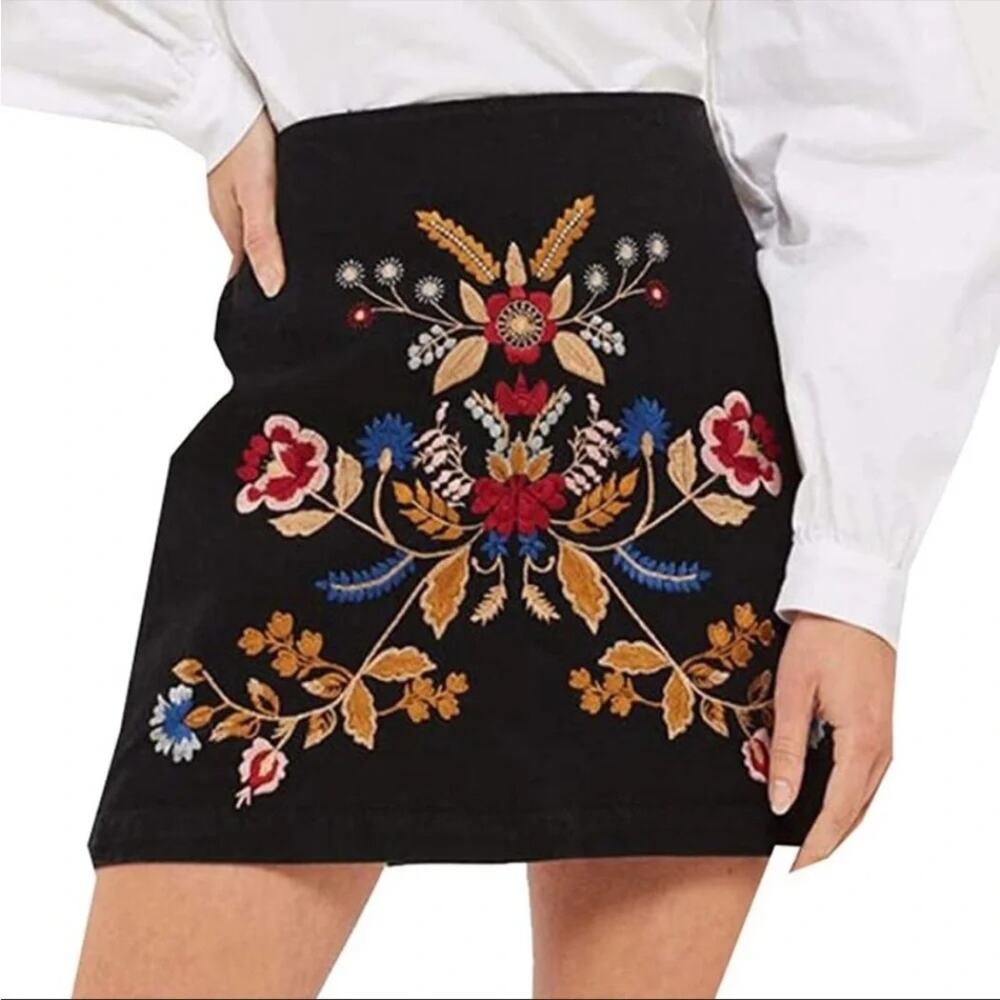 Topshop Moto Embroidered Skirt Womens Size 10 Black Denim Floral Mini Casual